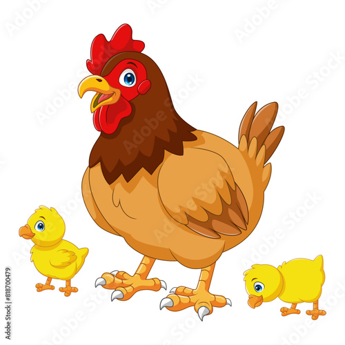 Cartoon hen with her baby chicks