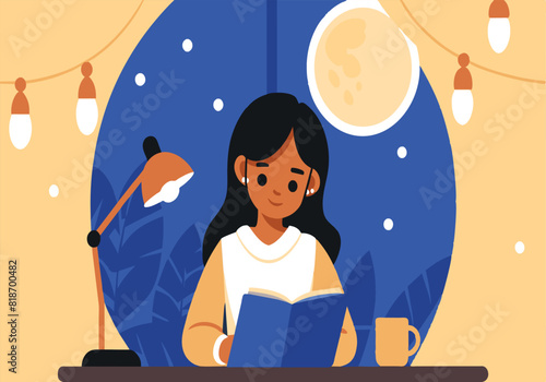 A woman is reading a book in a dimly lit room