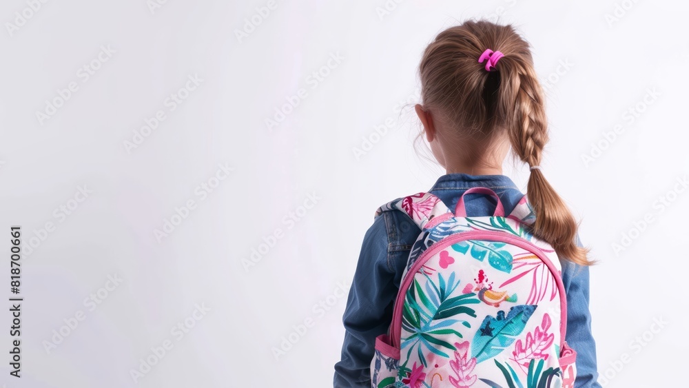 backview of a little girl with a pink backpack getting ready for her first day of school on a blank white background backview of a little girl with a pink backpack getting ready for her first day of school on a blank white background