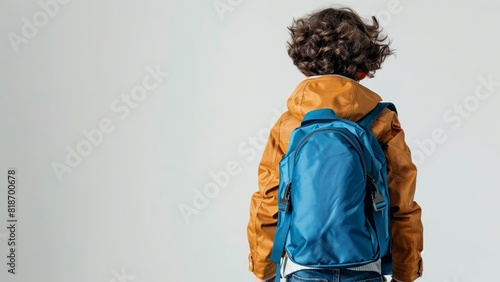 backview of a little boy with a blue backpack getting ready for her first day of school on a blank white background