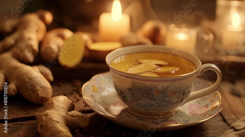 A cup of vibrant and spicy ginger oil, set against a backdrop of freshly harvested ginger roots and exotic spices, emanating warmth and invigorating aromas. photo