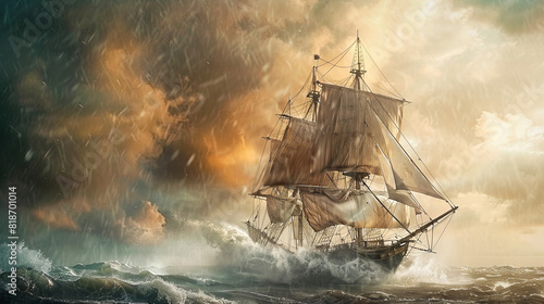 A majestic sailing ship in the middle of a stormy sea, with dramatic clouds and waves crashing around it