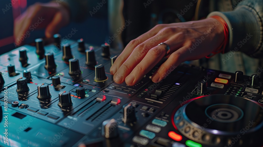 Close-up of male DJ's hand controlling sound with professional controller. Close-up of male DJ's hand controlling sound with professional controller.