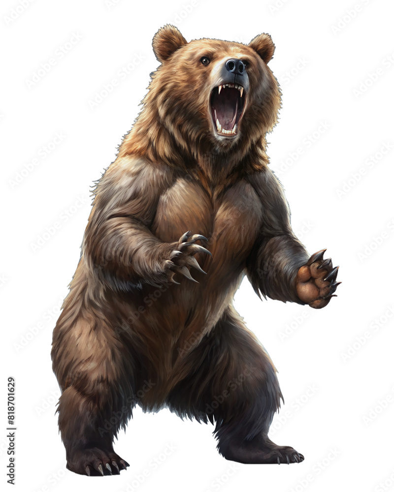 Fototapeta premium agressive grizzly bear standing sitting looking camera paws raised brown transparent backgrounds