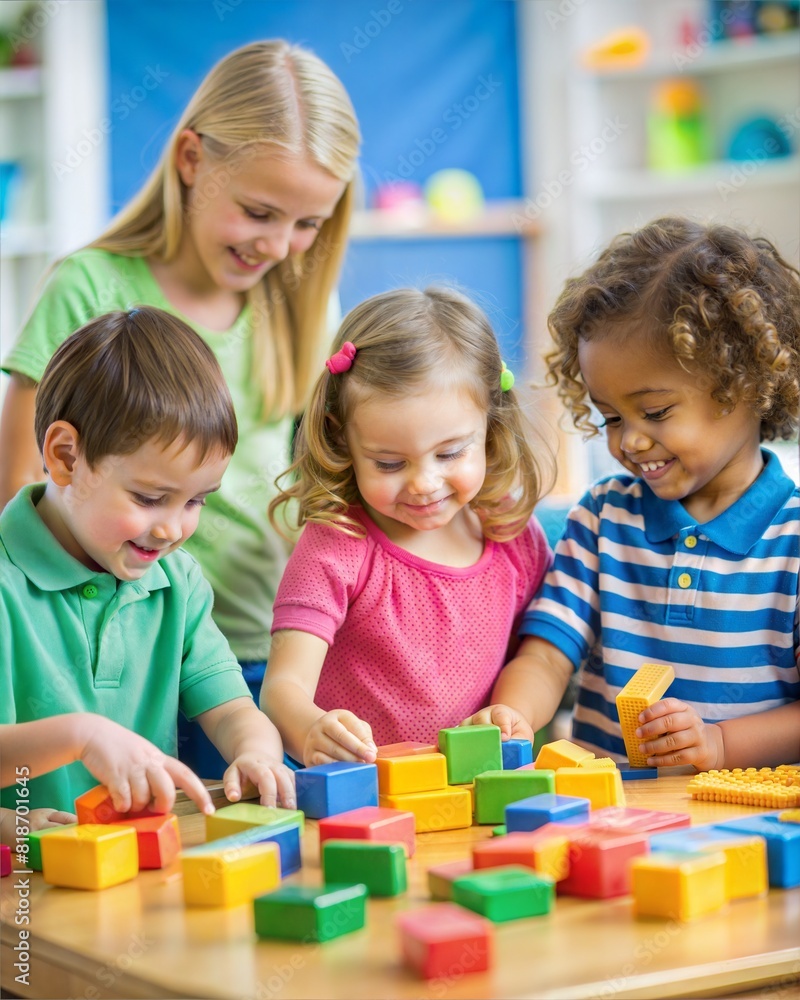 Fototapeta premium Pre-School Children Playing – 4:5 Ratio: Portrait of preschool children engaged in educational play with colorful blocks and puzzles at school.