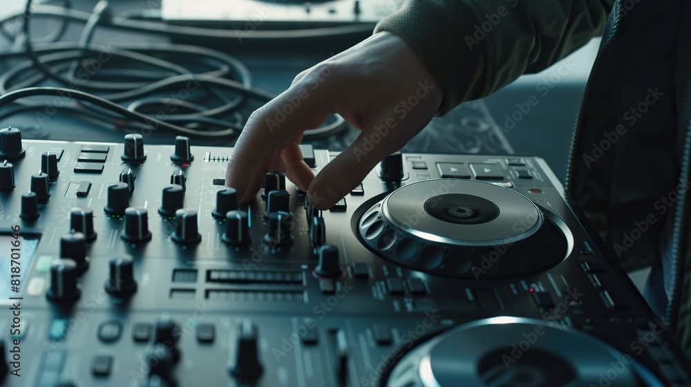Obraz premium Close-up of male DJ's hand controlling sound with professional controller.