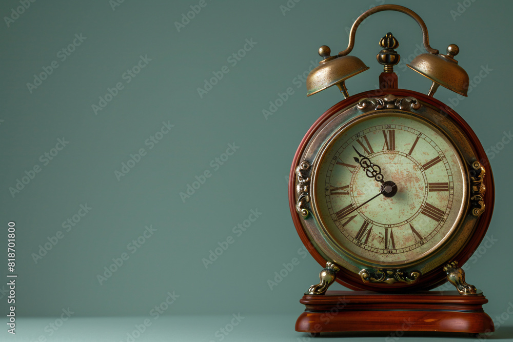 An antique mantel clock set apart against a solid background An antique mantel clock set apart against a solid background
