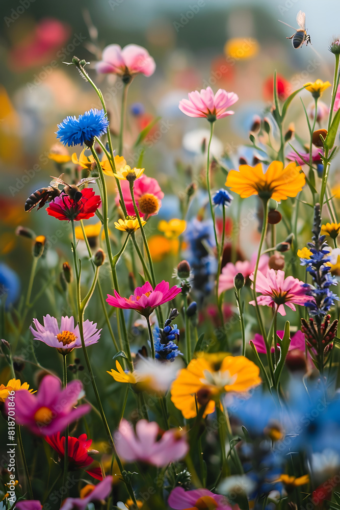 Close view of various colored poppies and daisies with butterflies and bees collecting nectar, nature and leaf concept, forest background concept, green plants, landscape concept Close view of various colored poppies and daisies with butterflies and bees collecting nectar, nature and leaf concept, forest background concept, green plants, landscape concept