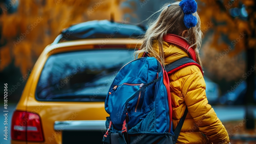 a back view of a small girl with a backpack on his first day of school a back view of a small girl with a backpack on his first day of school