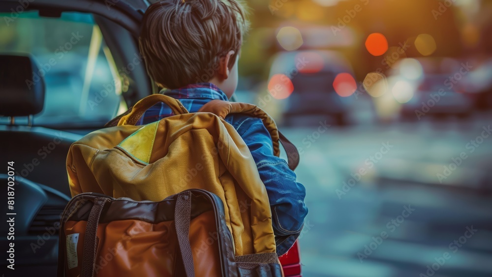 Obraz premium a back view of a small boy with a backpack on his first day of school