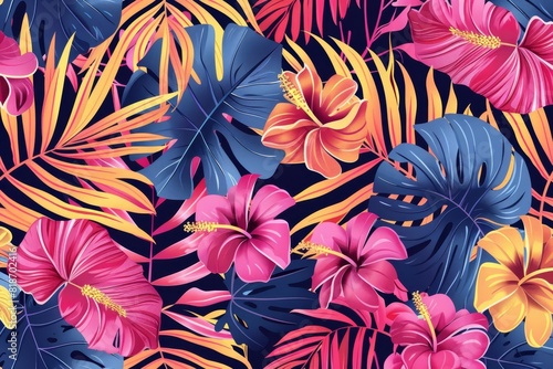 bold tropical leaves and flowers pattern vector design