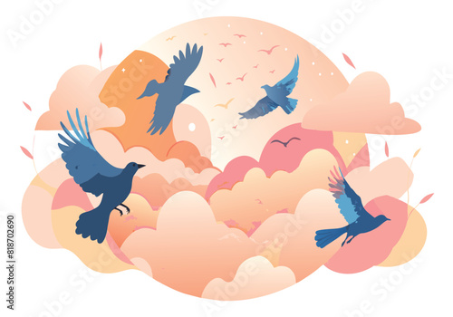 A group of birds flying in the sky with a pink and orange background