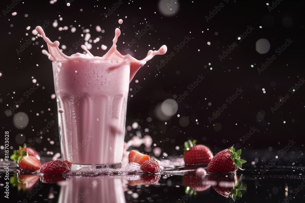 A glass of strawberry milkshake with a splash of milk and strawberries on a black background. A glass of strawberry milkshake with a splash of milk and strawberries on a black background.