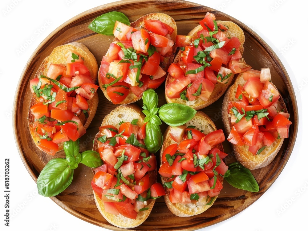 An aerial view captures bruschetta on a plate with bright tomatoes atop against a white background An aerial view captures bruschetta on a plate with bright tomatoes atop against a white background