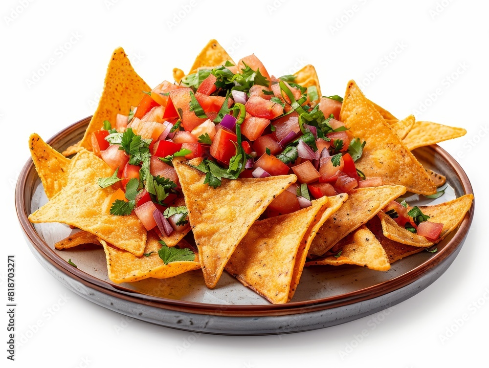 An aerial shot showcasing a vibrant plate of nachos with colorful toppings set against a white backdrop An aerial shot showcasing a vibrant plate of nachos with colorful toppings set against a white backdrop