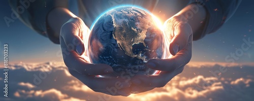 Closeup of hands cradling a small Earth globe photo