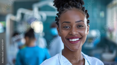 Happy african american female dentist smiling with patient in background during dental exam