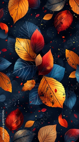 Colorful autumn leaves pattern with blue and orange tones, falling against a dark background, creating a seasonal and vibrant atmosphere.
