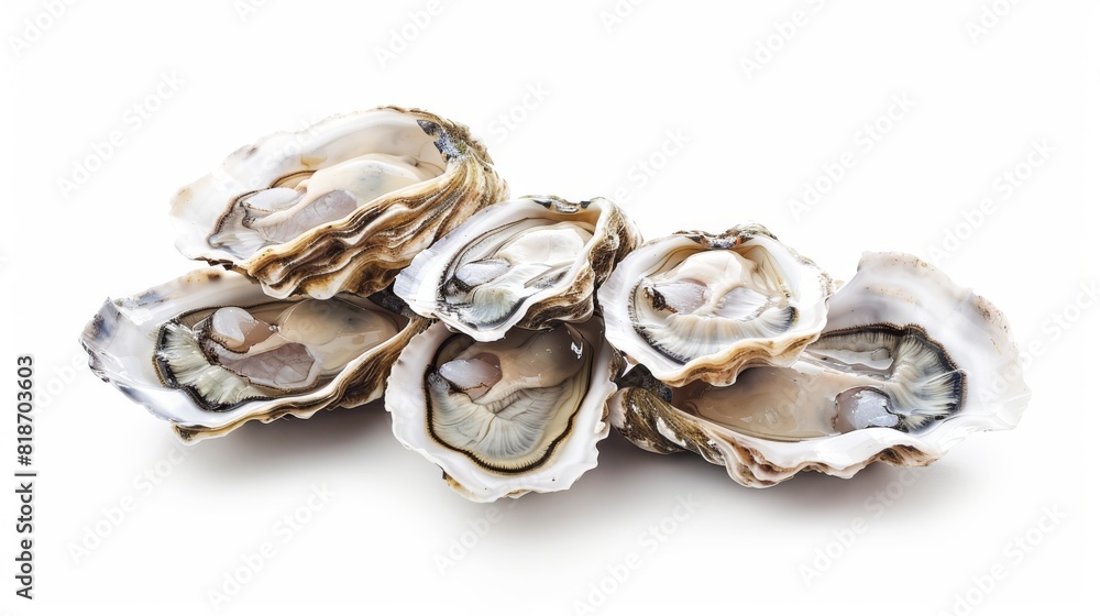 A photo of fresh oysters on a white background.