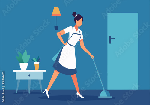A woman in a white apron is cleaning a room with a mop
