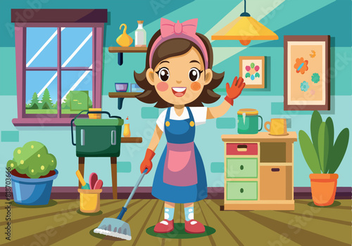 A woman in a blue apron is cleaning a house