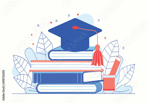 A stack of books with a blue cap on top and a pen on the bottom