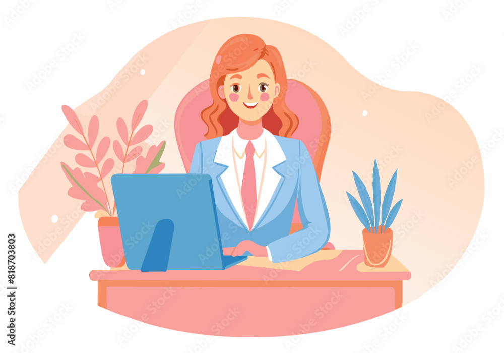 A woman is sitting at a desk with a laptop and a potted plant A woman is sitting at a desk with a laptop and a potted plant