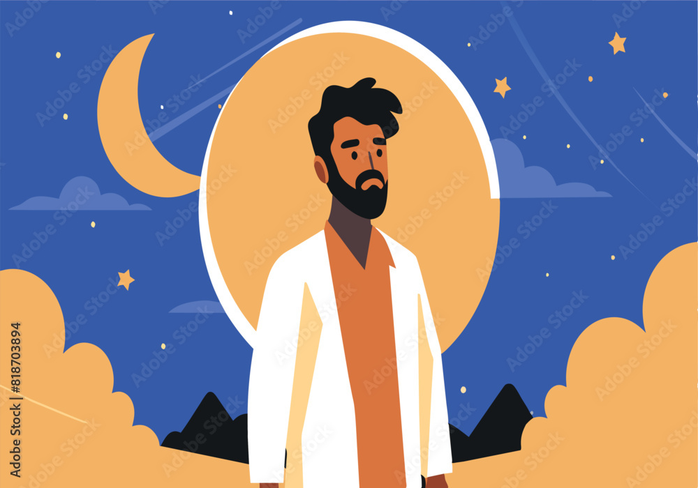 A man with a beard stands in front of a moon A man with a beard stands in front of a moon