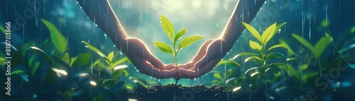 hands planting a sprout in a storm, water green leaves photo