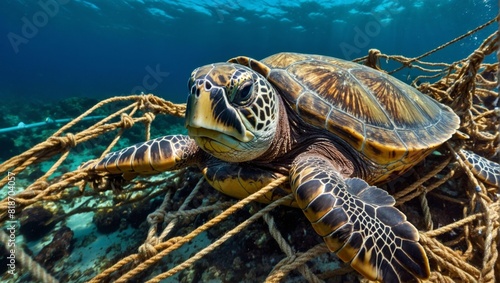 turtle tied to a fishing net © zhia