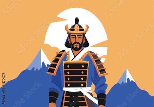 A man in a samurai costume stands in front of a mountain range