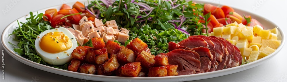 Aerial shot of a cobb salad, rich in colors, isolated on a white background Aerial shot of a cobb salad, rich in colors, isolated on a white background