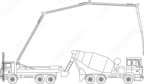 vector illustration, sketch, design, working method of concrete pump trucks pouring cement mixture