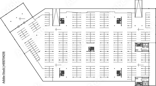 vector illustration sketch design drawing of basement floor plan of multi-storey building, skyscraper mall with modern shape in big city