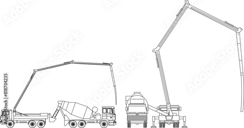 vector illustration, sketch, design, working method of concrete pump trucks pouring cement mixture