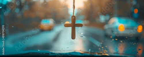 Small cross hanging from a car photo
