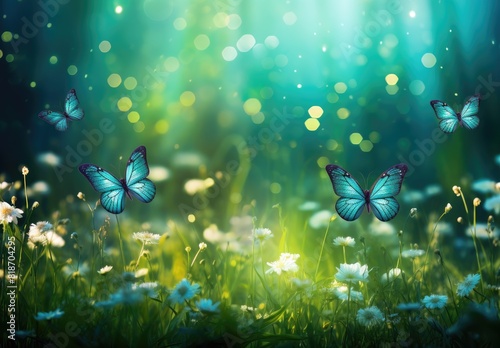 Blue butterfly flying over meadow of daisies photo