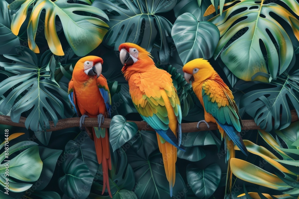 Colorful parrots sit on a branch in a lush green jungle setting.