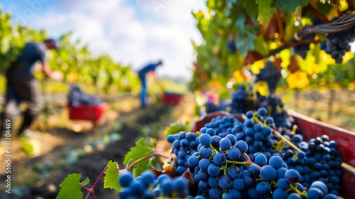 A grape harvest in full swing in a vineyard, with workers picking ripe grapes amidst rows of lush vines, capturing the bustling activity and abundance of harvest season.