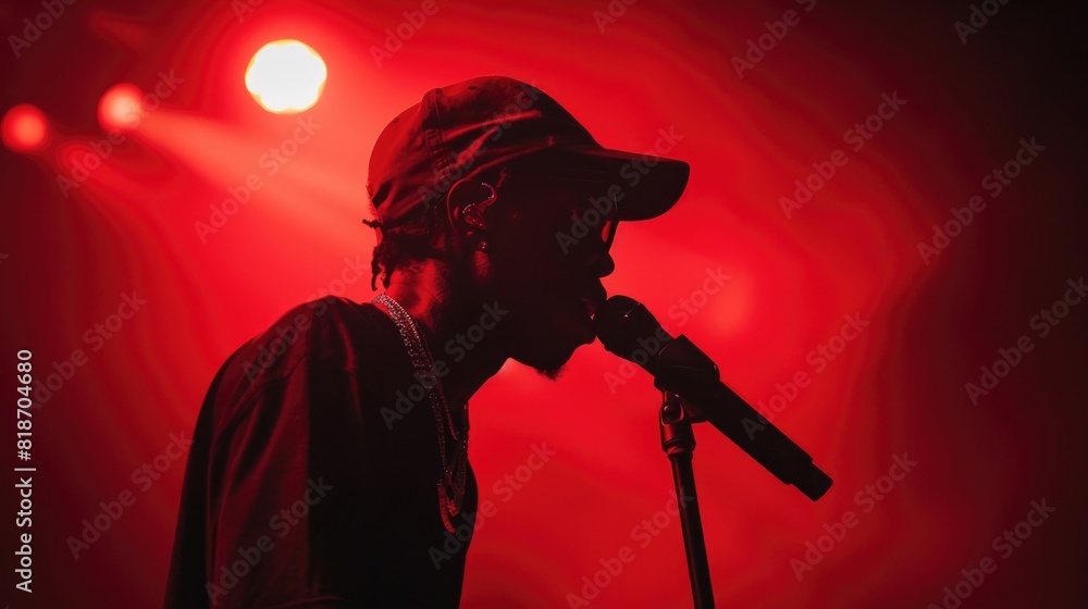 Man in cap singing into microphone Man in cap singing into microphone
