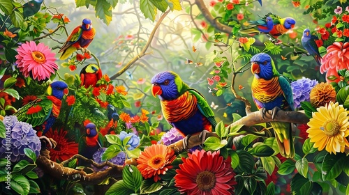 A group of colorful lorikeets feeding on nectar in a blossoming garden, their vibrant plumage and playful antics adding joy to the scene.
