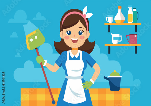 A woman in a blue apron is holding a broom and smiling