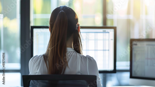 A woman is sitting at a desk with two computer monitors in front of her. She is wearing a white shirt and has her hair in a ponytail