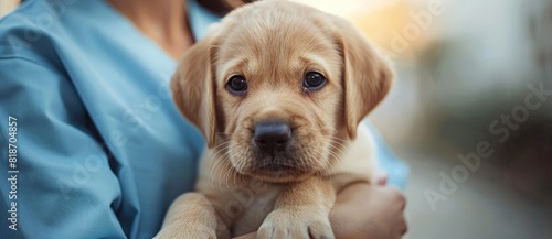 Small dog being held by veterinarian