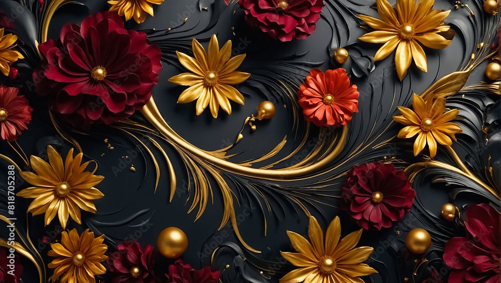 beautiful abstract background black and gold, wave, ball, flower