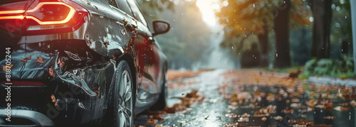 A black car is parked on a wet road with leaves on the ground. The car is covered in mud and rain, giving it a dirty and worn appearance. Concept of weariness and exhaustion photo