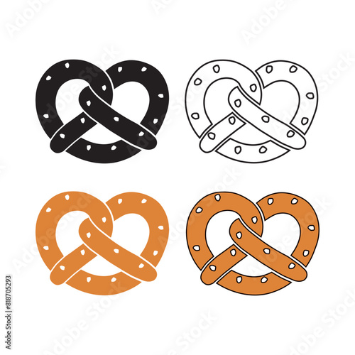 A set of brezel icons. Silhouette, outline, color icon. A bakery product in the shape of a pretzel, popular in Southern Germany, Austria and German Switzerland. Vector illustration isolated. photo