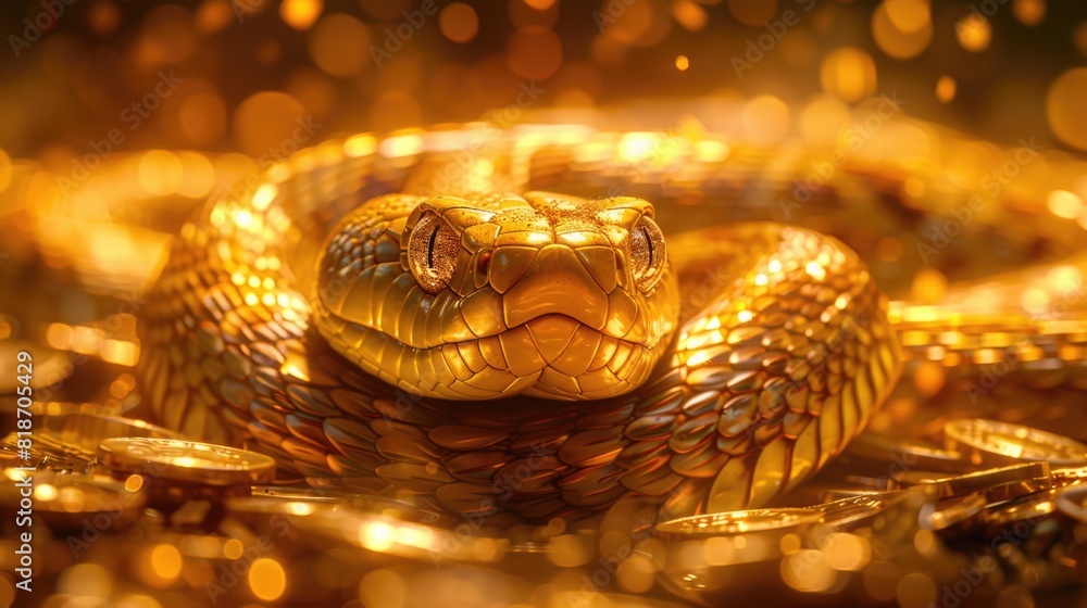Snake coiled on pile of coins Snake coiled on pile of coins