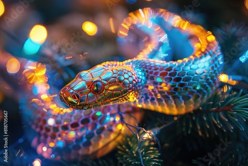 Beautiful snake. Exotic reptile. Symbol of the New Year. Design for cards and invitations for the Christmas holiday. © Boomanoid