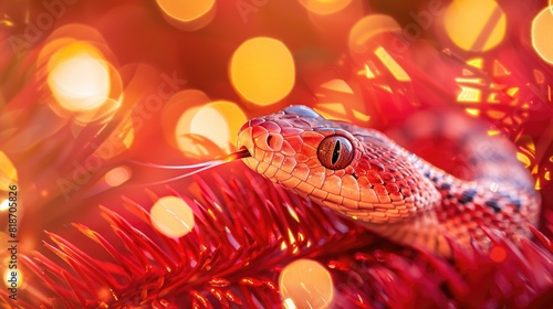 Beautiful snake on a red background. Exotic reptile. Symbol of the New Year. Design of cards and invitations for the Christmas holidays.